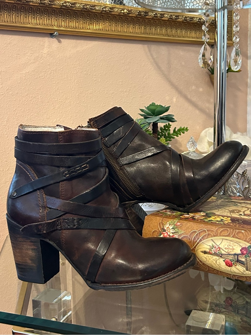 freebird Gem Dark Cognac Leather Strappy Ankle Boots Size 10